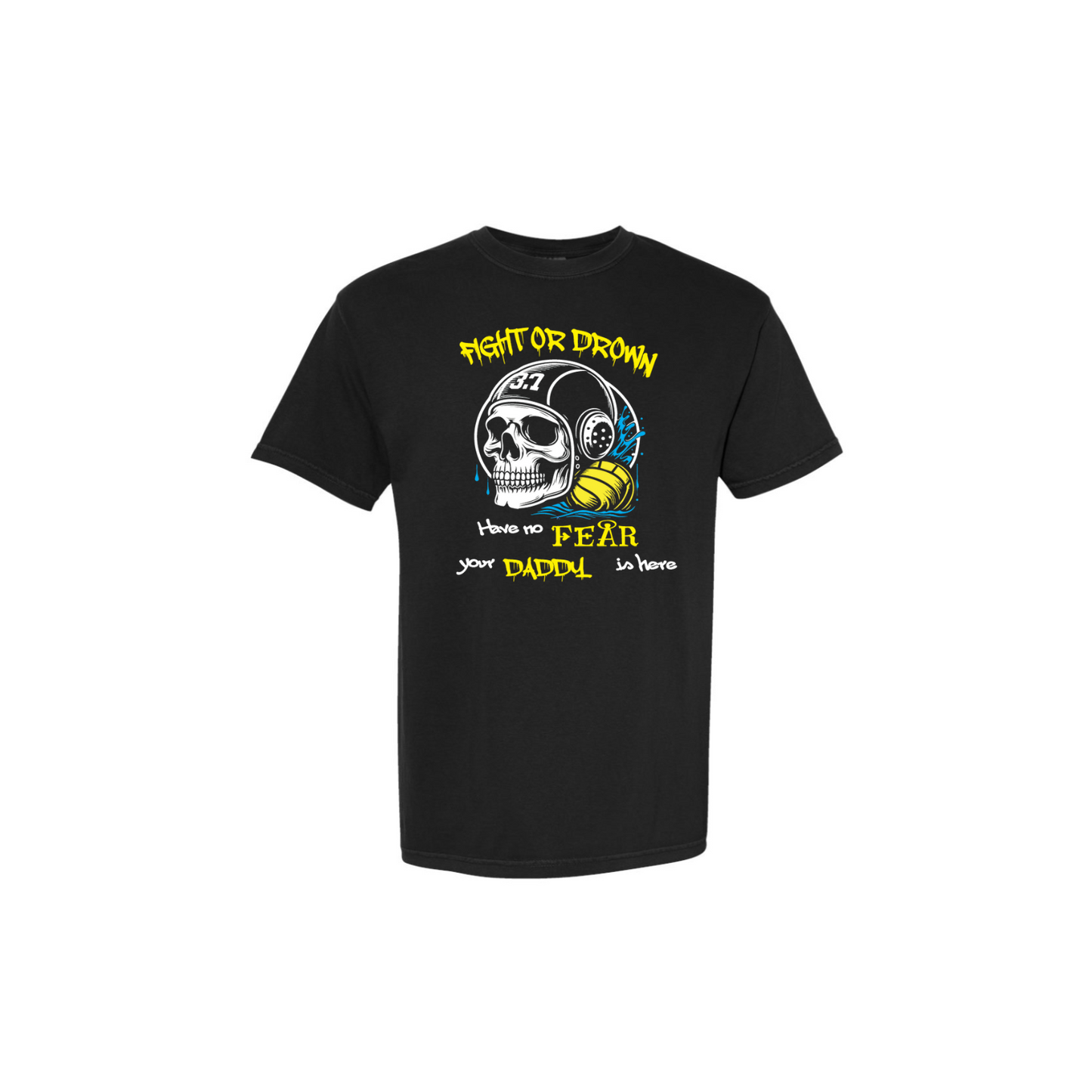 Black water polo t-shirt with a graphic design featuring a skull and text on a white background