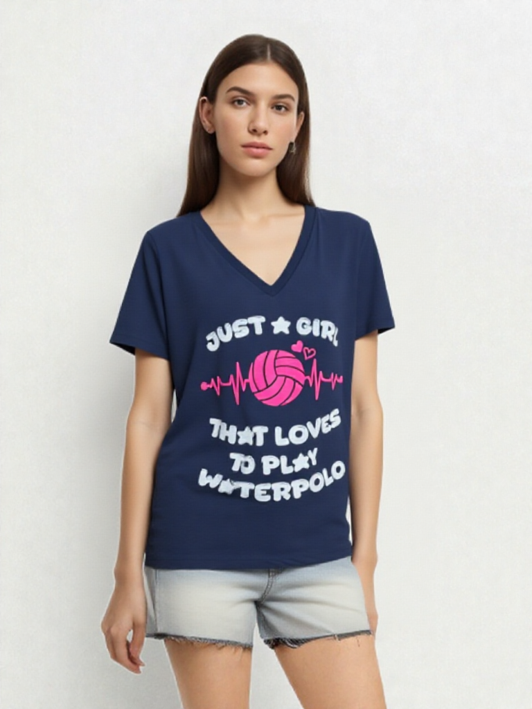 Woman wearing a navy blue t-shirt with water polo design and text.