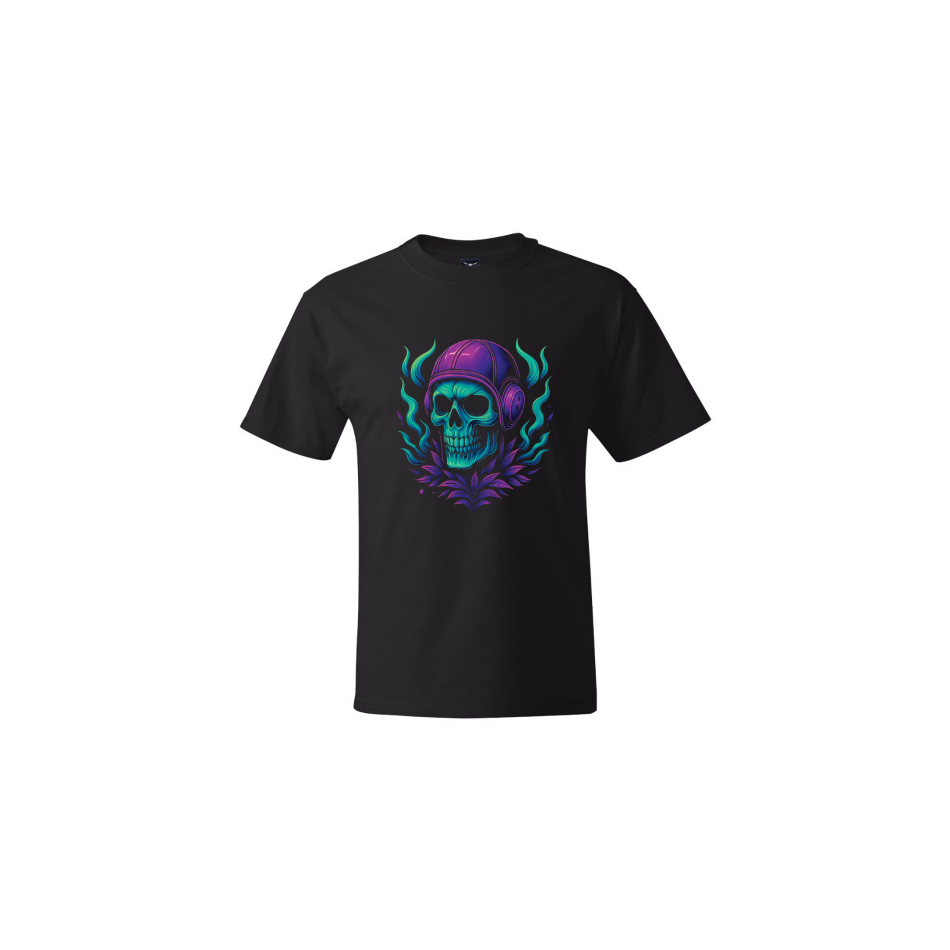 Black water polo t-shirt with a colorful skull design on a white background