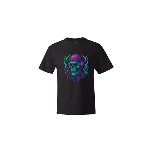 Black water polo t-shirt with a colorful skull design on a white background