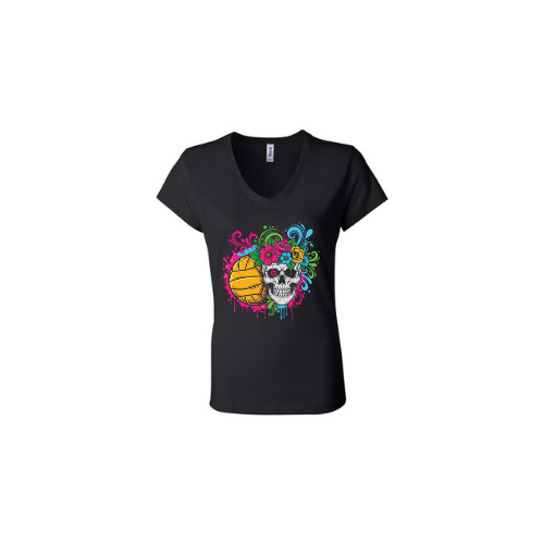 Black water polo t-shirt with colorful skull and floral design on a white background
