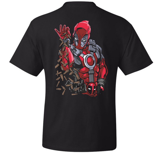Black t-shirt with a graphic of a superhero character on the back, on a white background